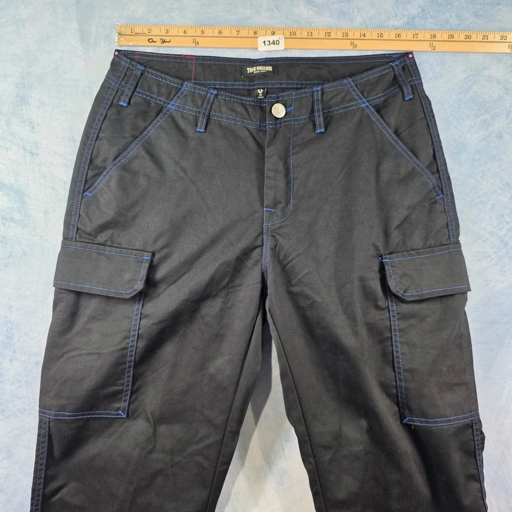 True Religion Mens Cargo Pants Jet Black‎ Pacific Blue Stitch 108335 Size 32 NWT